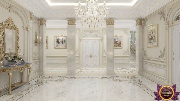 Sophisticated marble floor design in a spacious hallway