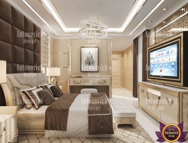 Elegant master bedroom with luxurious bedding and stylish decor
