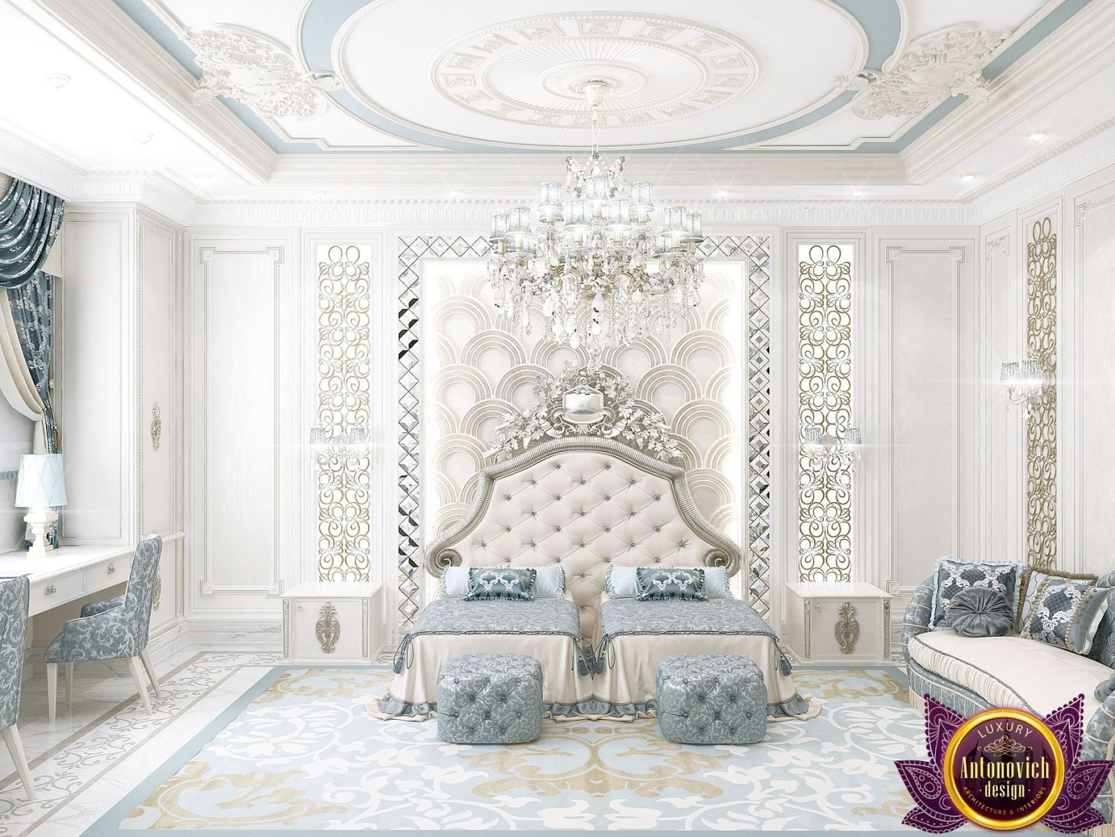 Elegant master bedroom with plush bedding and sophisticated decor