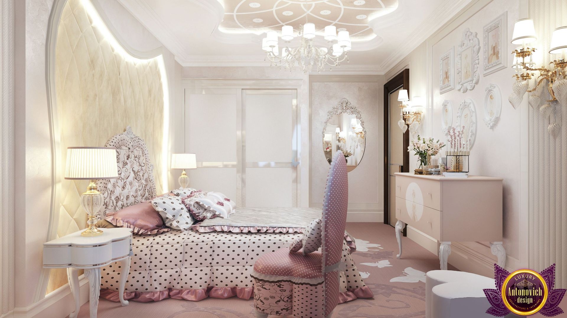 Luxurious girls bedroom with a cozy reading nook