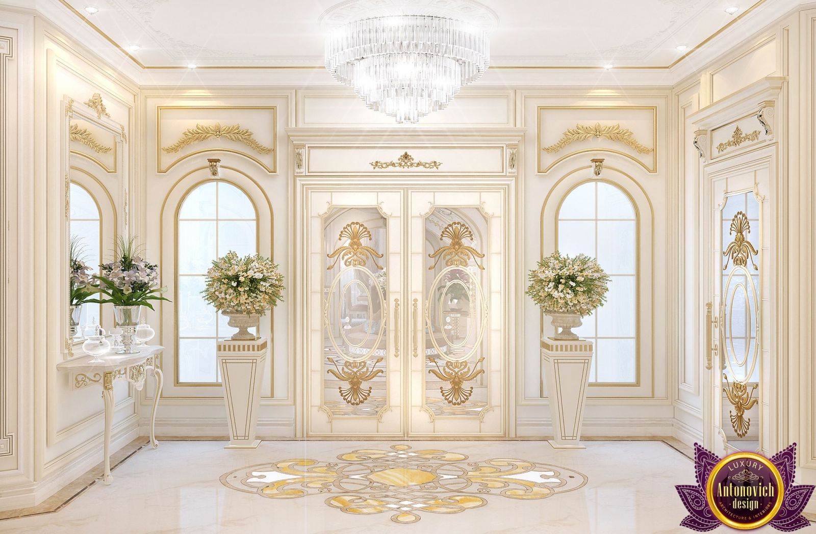 Elegant marble flooring in a grand living room